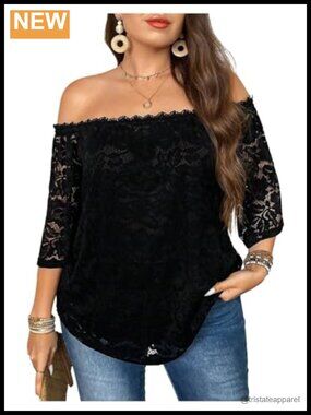 Plus Size Off Shoulder Lace Tunic Top 3/4 Sleeve Blouse Dressy Casual